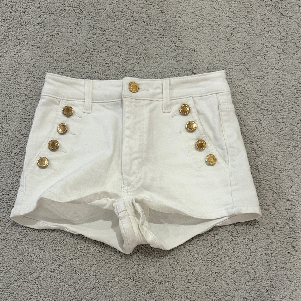 Katie J NYC High Waist White Jean Shorts with Gold Buttons